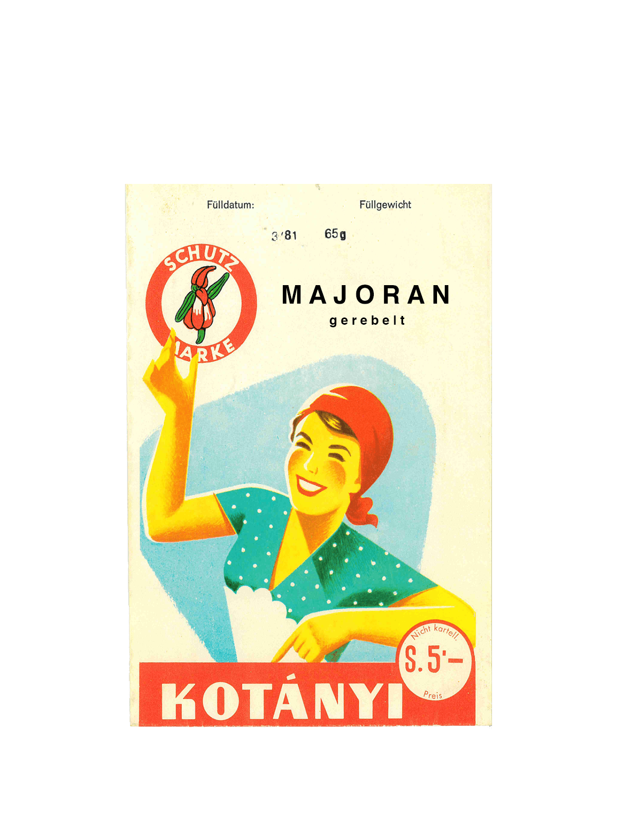 Eine Kotányi-Briefverpackung für Majoran aus den 1950er Jahren