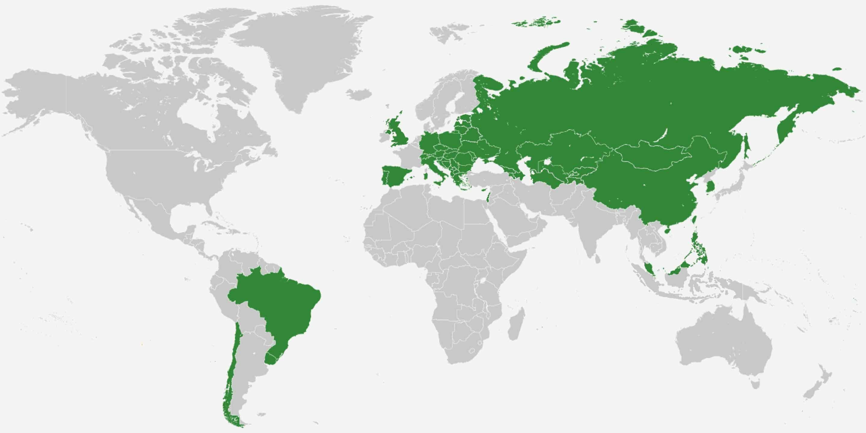 Weltkarte – grün markiert mit Kotányi Vertrieb