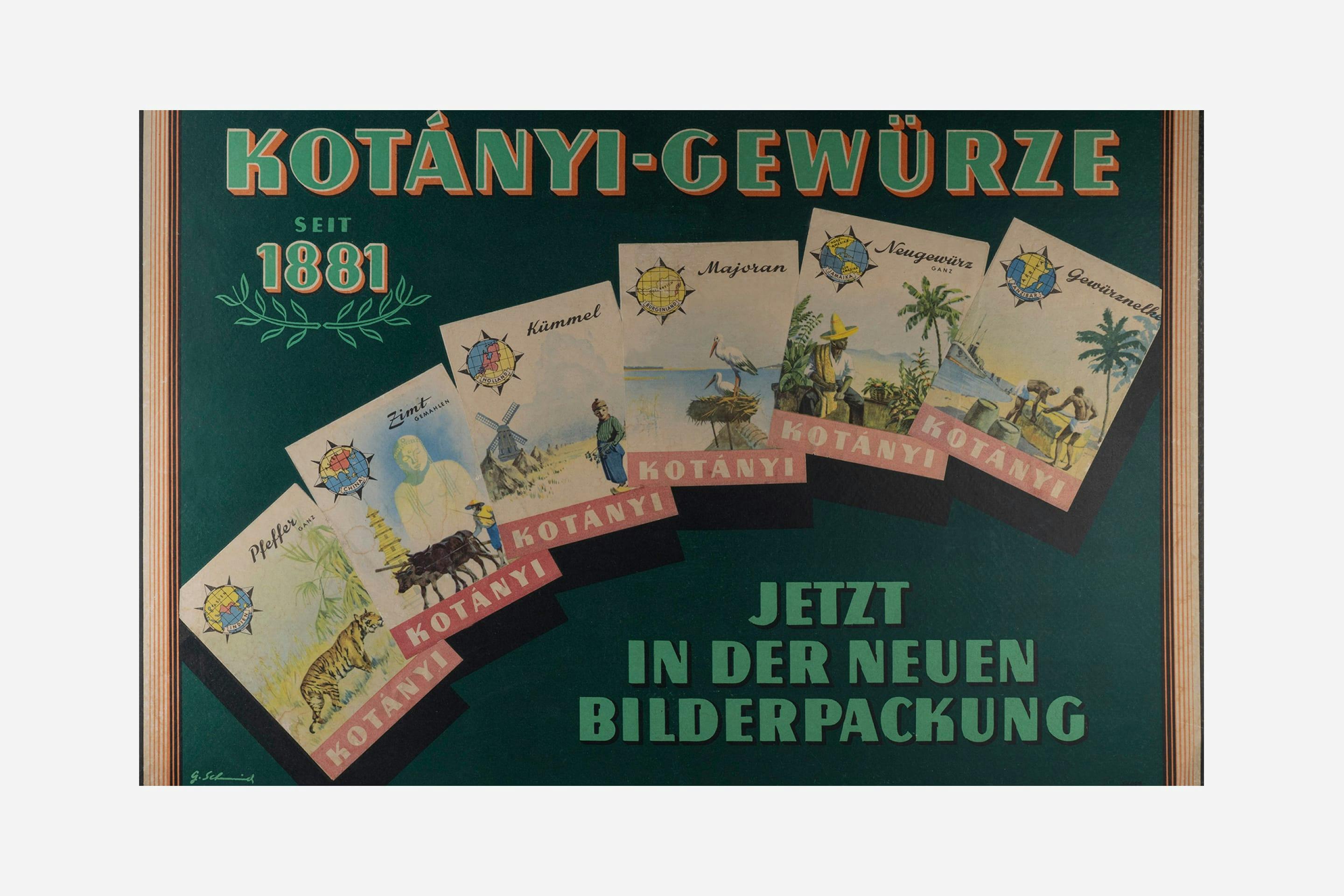 Kotányi Werbeplakat von 1970 zu den Bilderpackungen