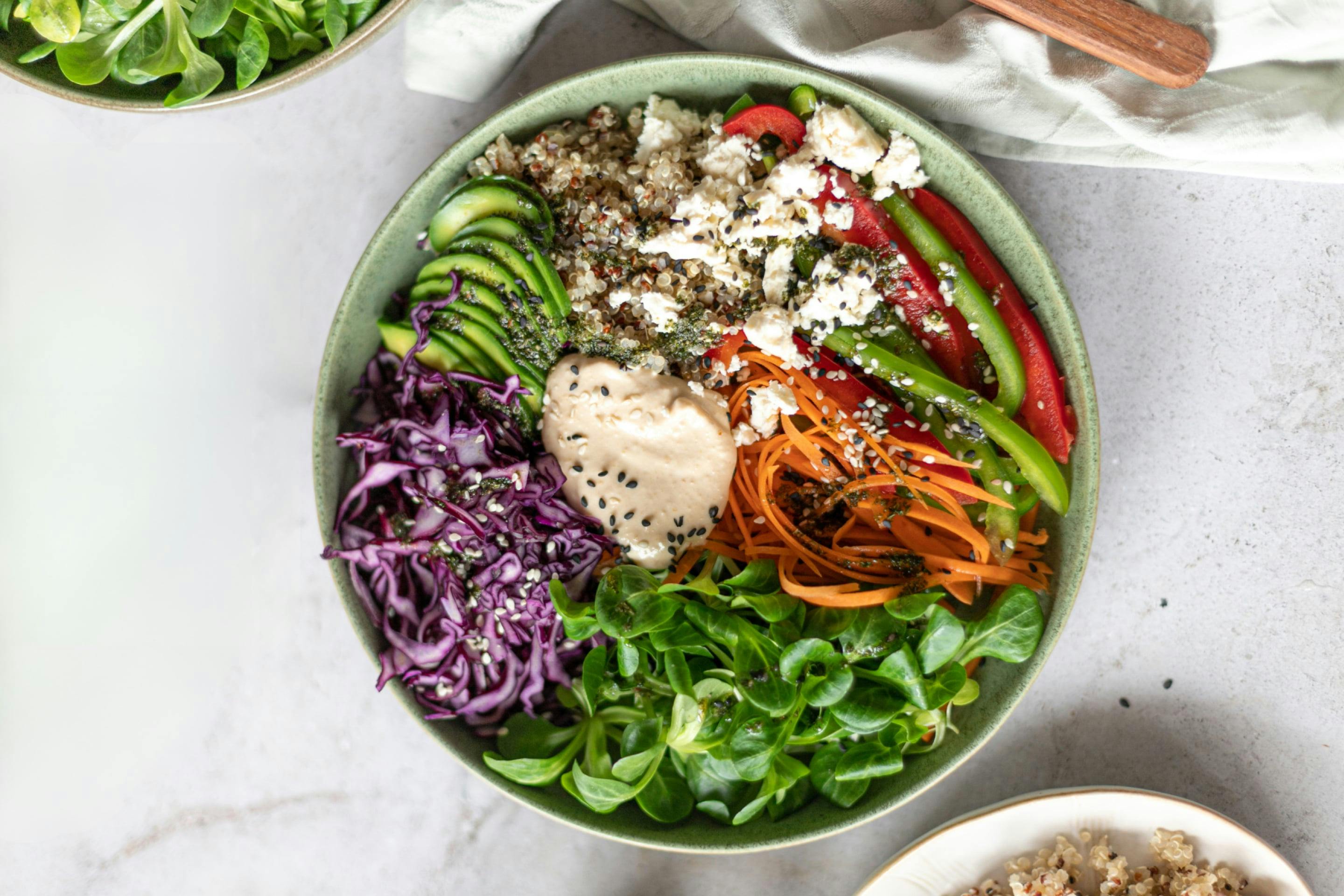 Winter Buddha Bowl mit Rotkraut, Quinoa, Karotten, Paprika und Hummus