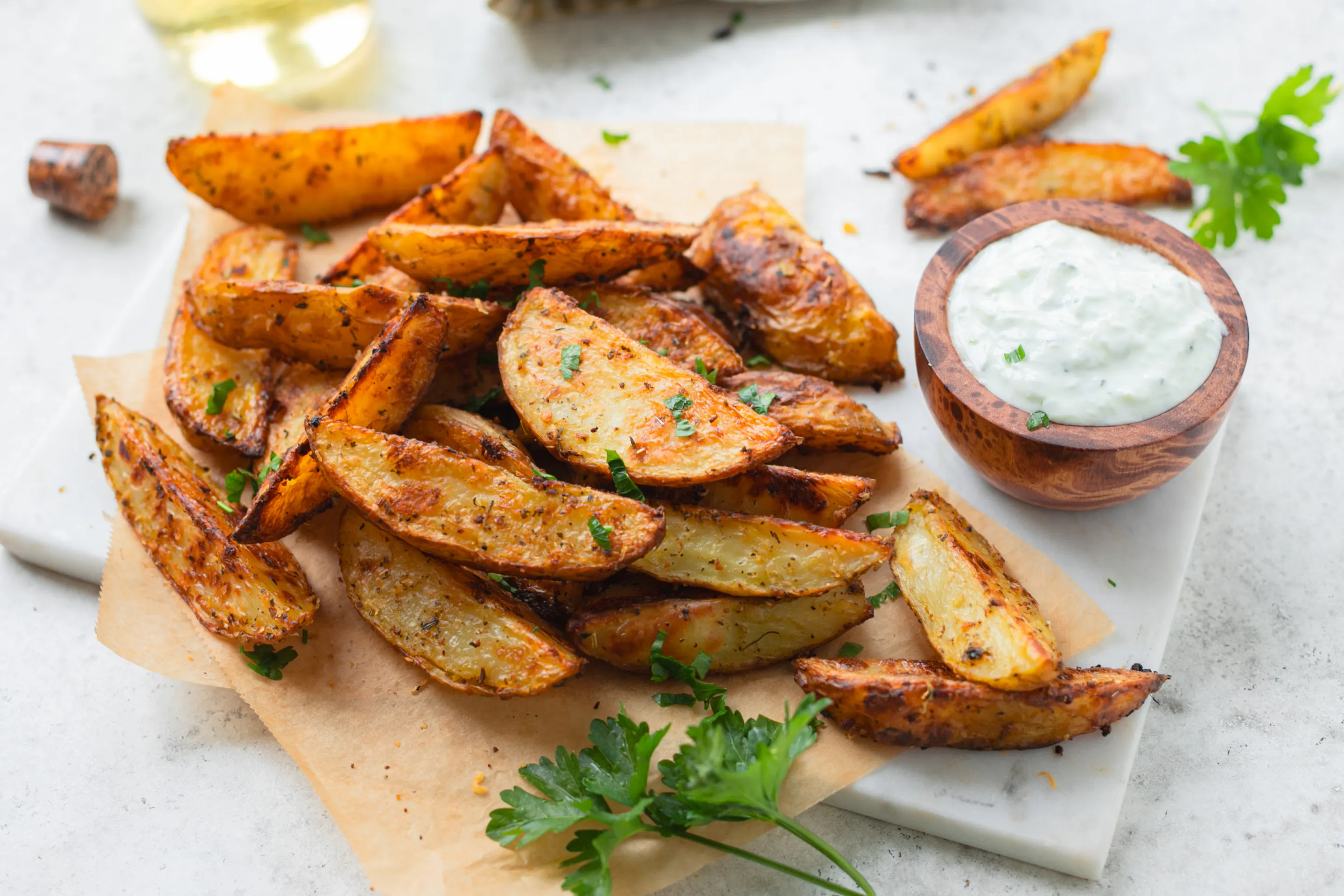 Knusprige Ofenkartoffeln gewürzt mit Spice up My Potato und Tsatsiki-Dip